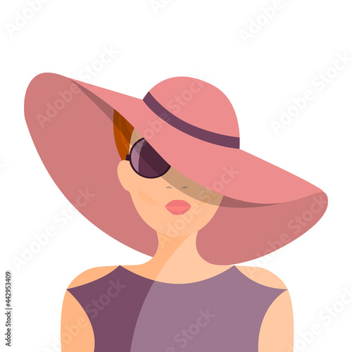 Young woman with red hair in pink hat and purple top. Colorful flat stock vector illustration.