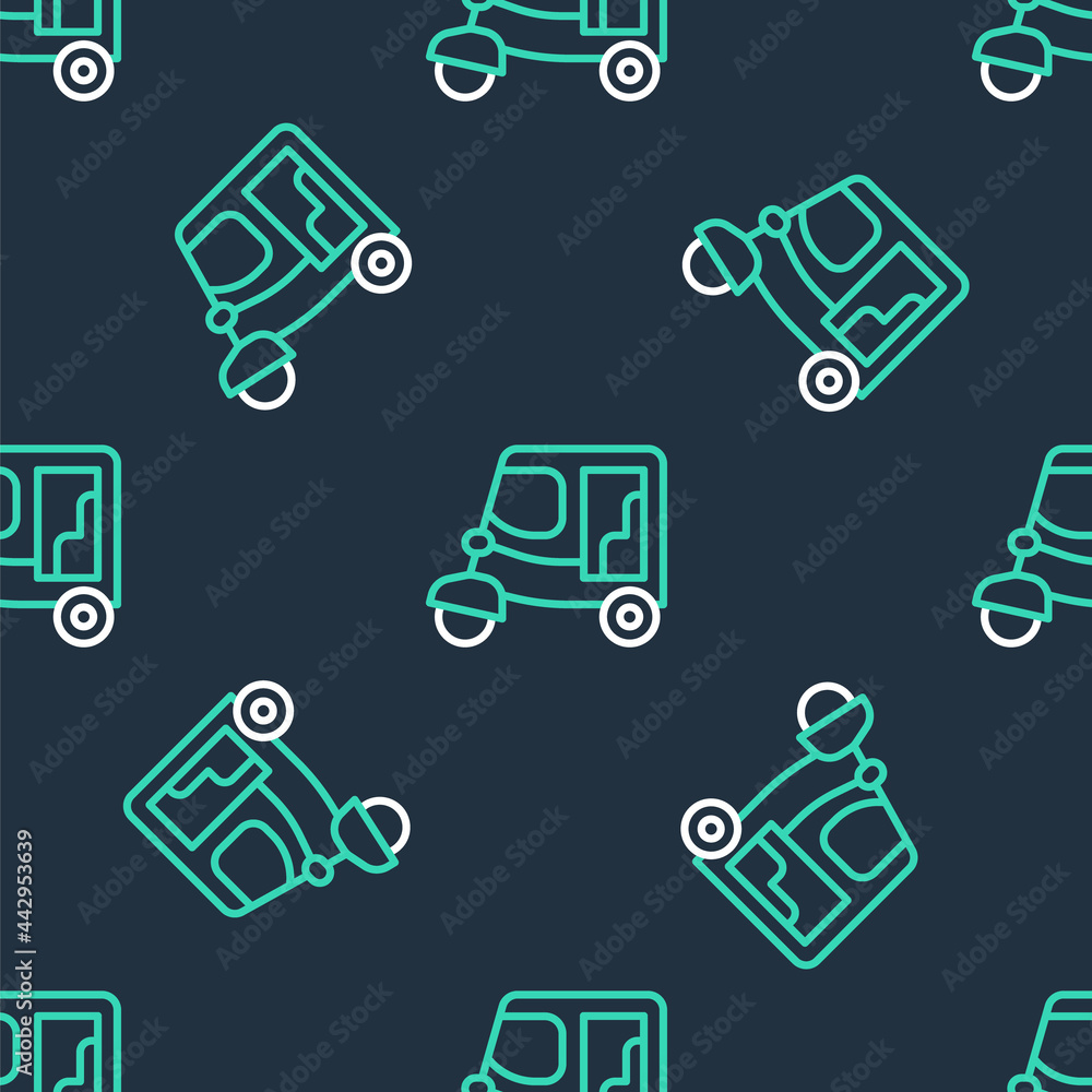 Line Taxi tuk tuk icon isolated seamless pattern on black background. Indian auto rickshaw concept. Delhi auto. Vector Line Taxi tuk tuk icon isolated seamless pattern on black background. Indian auto rickshaw concept. Delhi auto. Vector