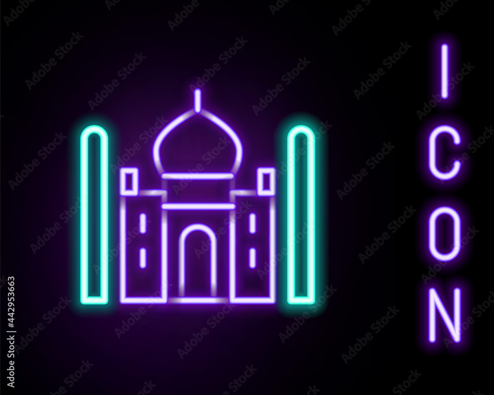 Glowing neon line Taj Mahal mausoleum in Agra, Indiaicon isolated on black background. Colorful outline concept. Vector Glowing neon line Taj Mahal mausoleum in Agra, Indiaicon isolated on black background. Colorful outline concept. Vector