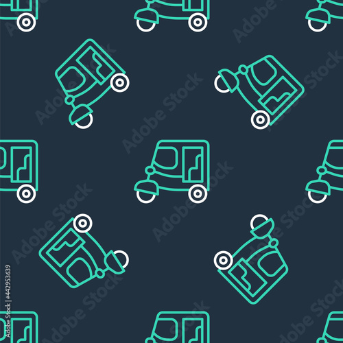 Line Taxi tuk tuk icon isolated seamless pattern on black background. Indian auto rickshaw concept. Delhi auto. Vector