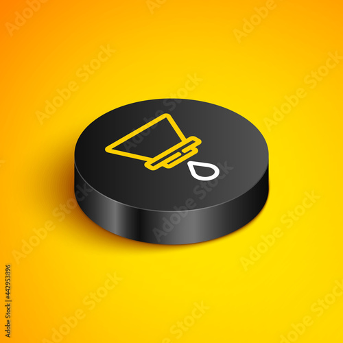 Isometric line V60 coffee maker icon isolated on yellow background. Black circle button. Vector