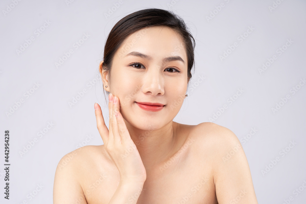 Beautiful young asian woman with clean fresh skin on white background, Beautiful young asian woman with clean fresh skin on white background,