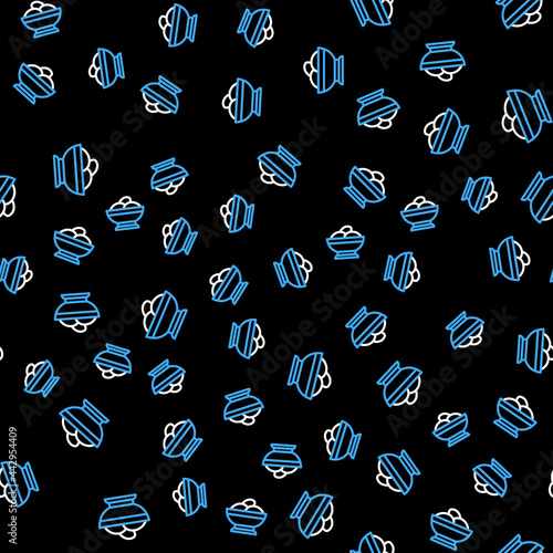 Line Varenyky in a bowl icon isolated seamless pattern on black background. Pierogi, varenyky, dumpling, pelmeni, ravioli. Traditional Ukrainian food. Vector