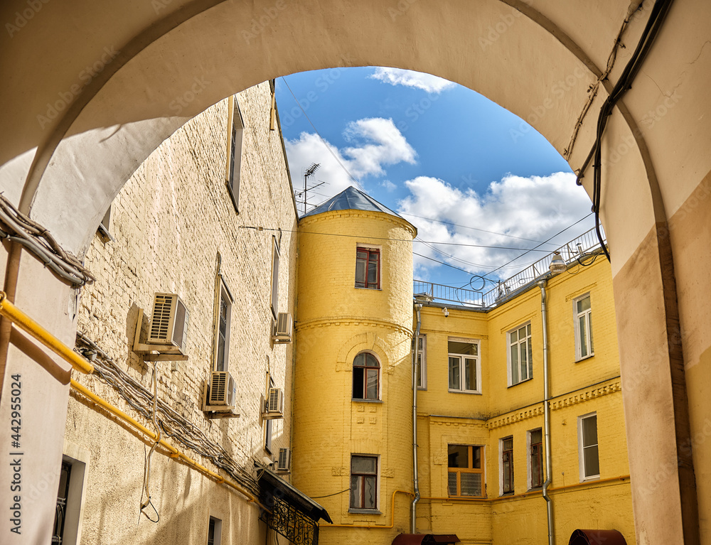 Moscow, Russia - 04.05.2021: Arch in the inner court in the center of Moscow