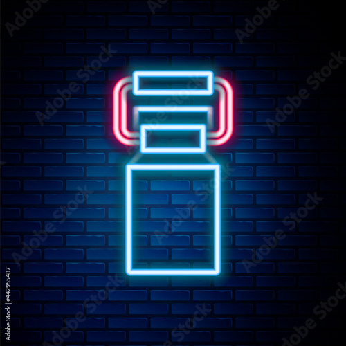 Glowing neon line Can container for milk icon isolated on brick wall background. Colorful outline concept. Vector
