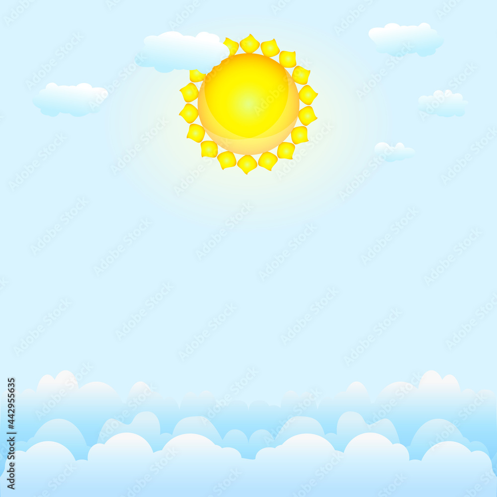 Cloudscape with blue sky, clouds and sun. Summer sunny day. Good weather wallpaper. Shiny heaven view background. Clear weather. Backdrop for weather forecast with copy space.Stock vector illustration Cloudscape with blue sky, clouds and sun. Summer sunny day. Good weather wallpaper. Shiny heaven view background. Clear weather. Backdrop for weather forecast with copy space.Stock vector illustration