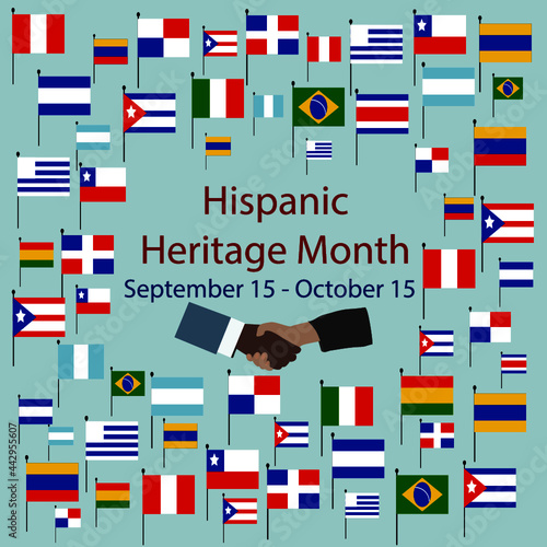 Flags of America with text inscription.  
National Hispanic Heritage Month. September 15 to October 15.  
Cultural and ethnic diversity. 
