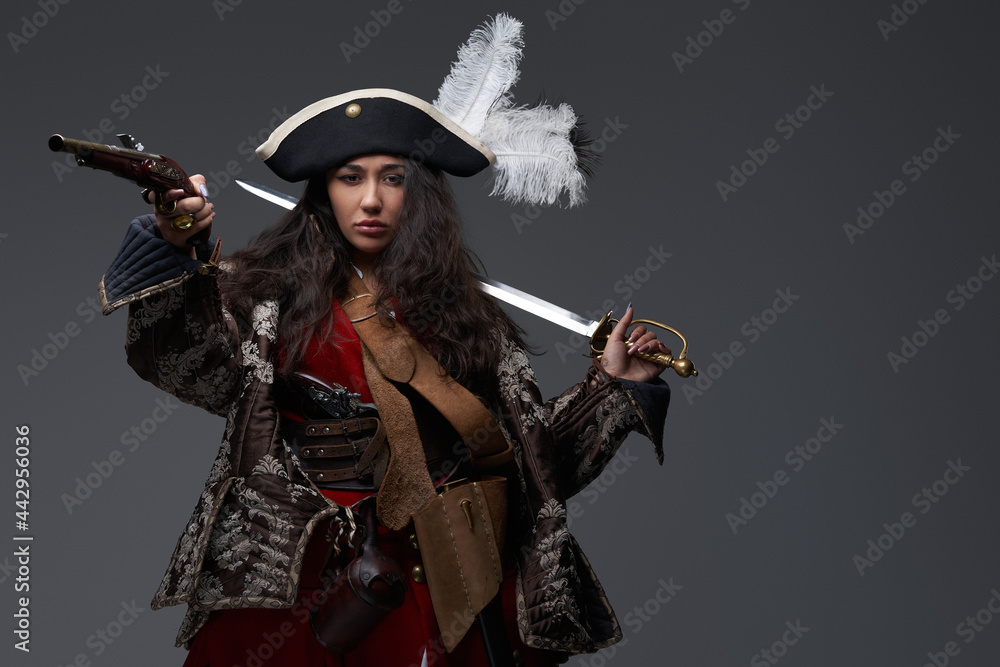 Attractive woman corsair with saber and flintlock Attractive woman corsair with saber and flintlock