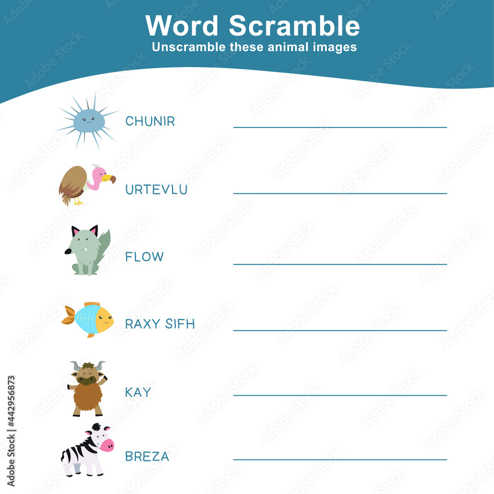 Spelling Word Scramble Game Animals Edition. Worksheet for learning English. Educational activity for preschool kids. Preschool Education. Vector illustration. Spelling Word Scramble Game Animals Edition. Worksheet for learning English. Educational activity for preschool kids. Preschool Education. Vector illustration.