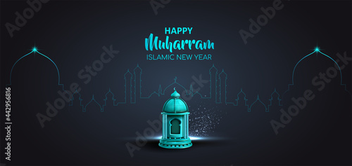 happy muharram islamic new year card design with blue lanterns