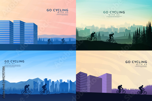 Vector illustration. Travel concept of discovering, exploring and observing nature. Cycling. Adventure tourism. Flat graphic polygonal landscape. Minimalist design for web banner, website template.