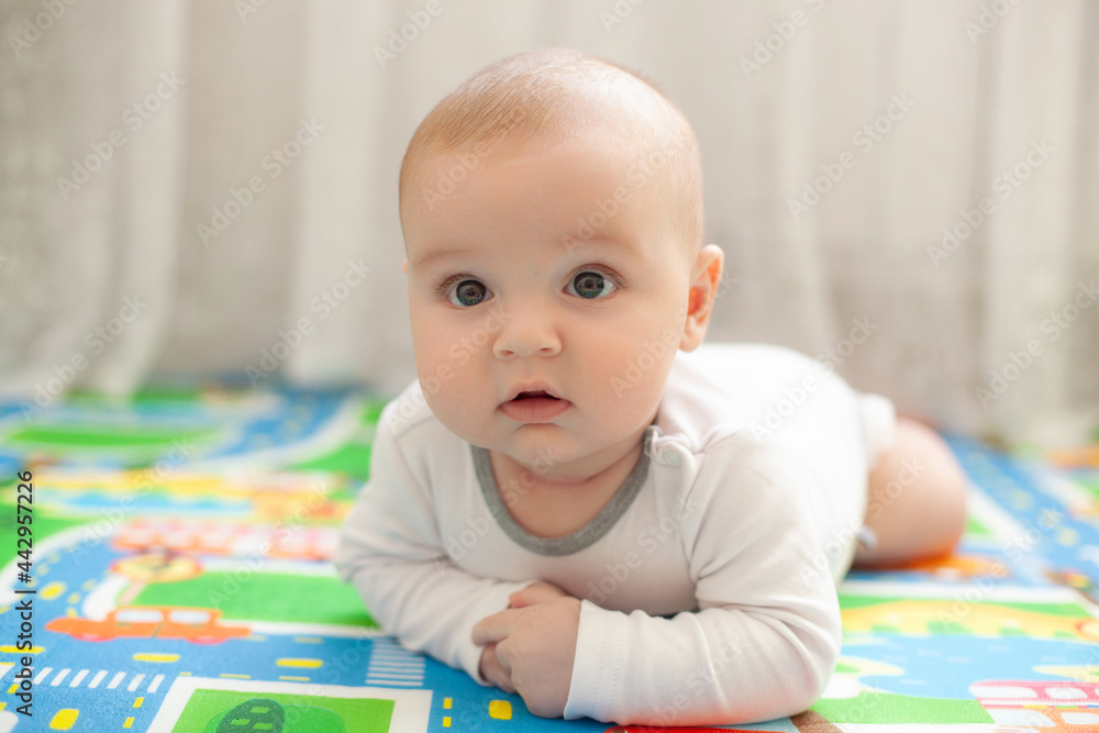 Cute five months old baby boy lying on his tummy Cute five months old baby boy lying on his tummy