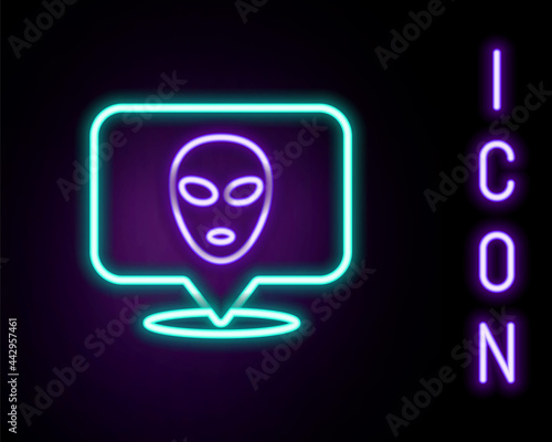 Glowing neon line Alien icon isolated on black background. Extraterrestrial alien face or head symbol. Colorful outline concept. Vector