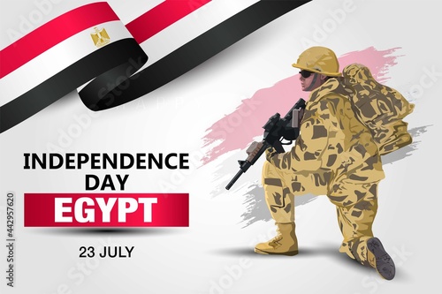 illustration of 23rd of july background for Happy Independence Day of Egypt. a soldier with gun and flag. Vector illustration design.
