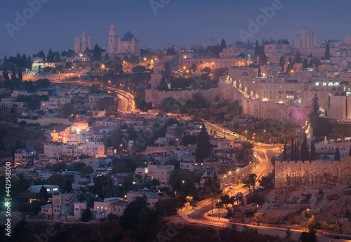 Night Jerusalem: Abbey of the dormition, road along the ancient walls of the Old City
