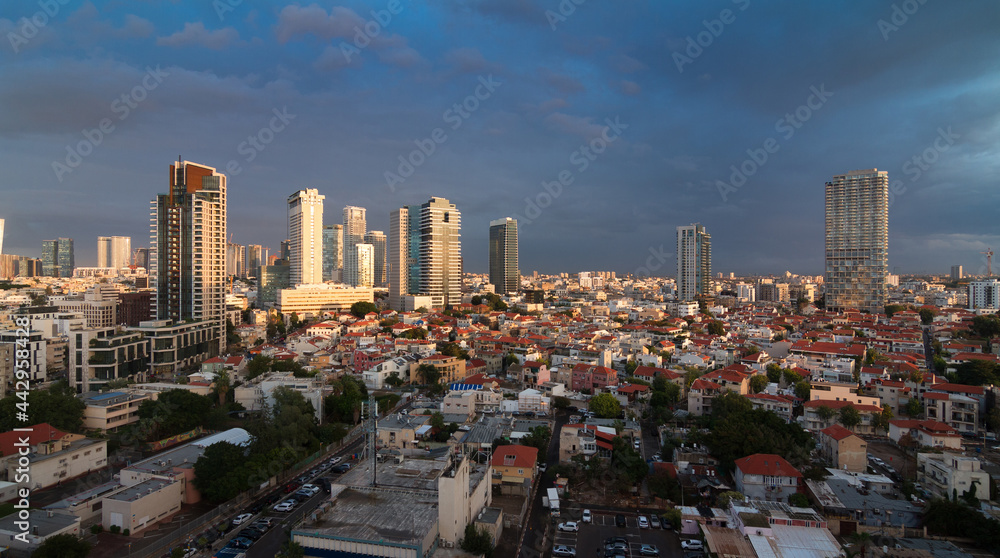 Tel Aviv, Israel sunny aerial panorama. Neve Tzedek district