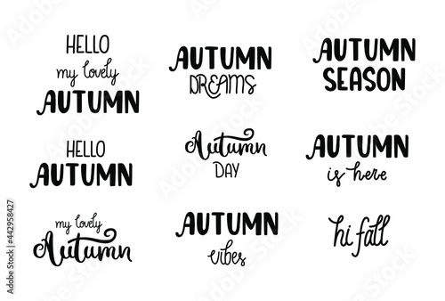 Set of Autumn hand-drawn lettering - Autumn dreams, season, is here, vibes, hello, my lovely, hi fall. Collection of quotes for all kinds of design products, including plotter cutting. Isolated vector
