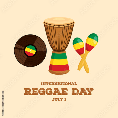 International Reggae Day vector. Reggae musical instruments icon set. Djembe drum, rumba balls, LP record vinyl disc vector. Reggae Day Poster, July 1. Important day