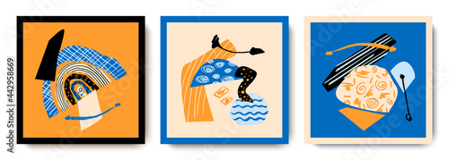 A set of abstract maps with hand-drawn doodles.Hand-drawn details.Cubism.Children's illustration