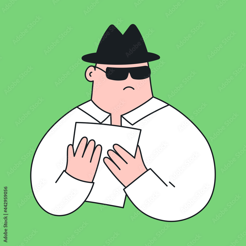 Theft of confidential information, spying, and hiding of important materials. Cute cartoon spy in a hat hides documents from the public. Cute elegant editable vector illustration.