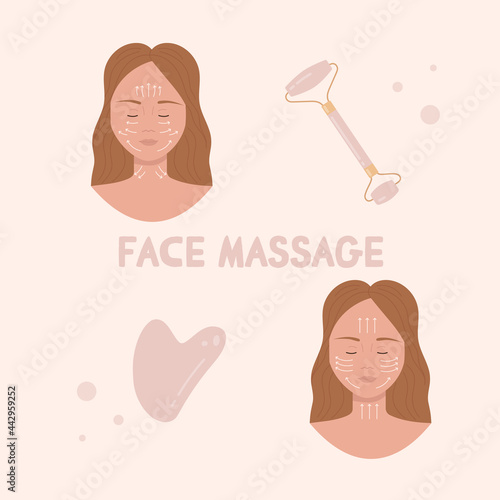 woman with a quartz face roller and a gua sha scraper. Skin care products for SPA, beauty concept. Flat cartoon vector illustration. Isolated on white background. 