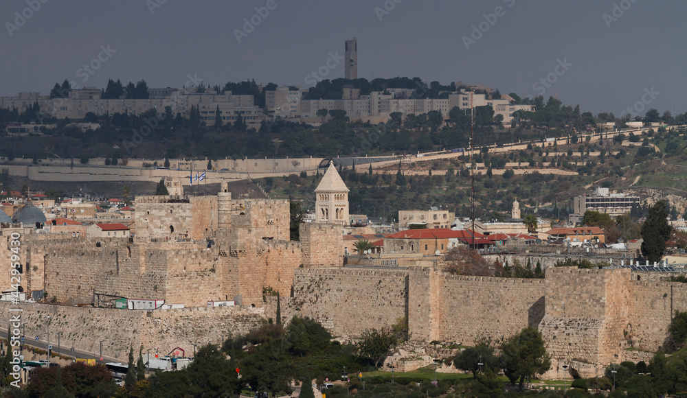 Jerusalem Old City view. Stone walls and Church of the Redeemer