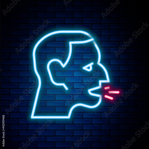 Glowing neon line Man coughing icon isolated on brick wall background. Viral infection, influenza, flu, cold symptom. Tuberculosis, mumps, whooping cough. Colorful outline concept. Vector