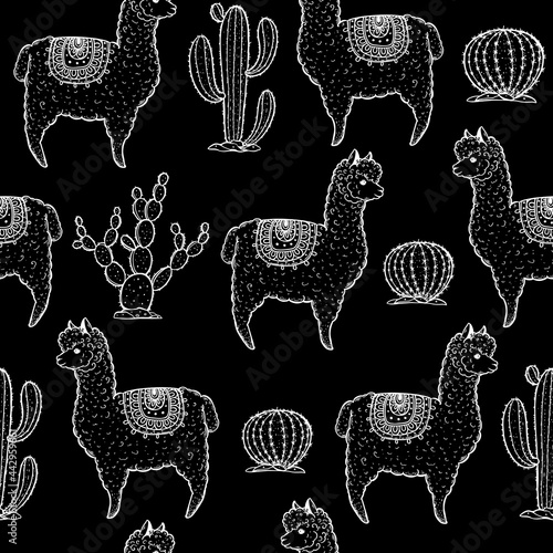 Alpaca seamless pattern. Hand drawn vector illustration. Cute llamas and cactus. Alpaca, llama, cactus background.