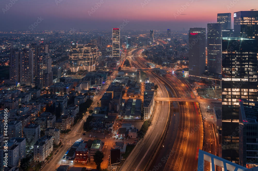 Tel Aviv city night panorama above: Ayalon river