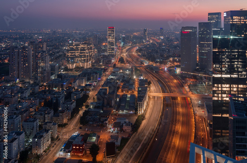 Tel Aviv city night panorama above: Ayalon river