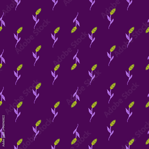 Little green ear of wheat silhouettes seamless pattern. Purple bright background. Flat backdrop.