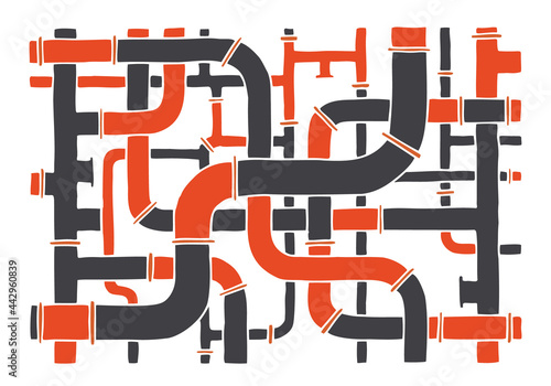 Many black and red pipes of different sizes, colors and diameters are intertwined to form a background, texture, pattern. Hand Drawn. Doodle.