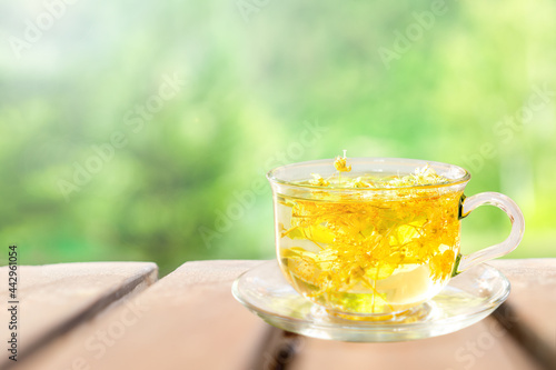 Herbal tea from linden flowers in a cup on a wooden table against the background of nature. 