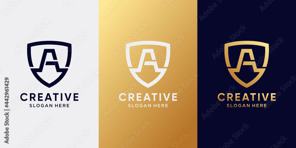 Creative shield logo design initial letter A with line art style. Logo icon for business company Creative shield logo design initial letter A with line art style. Logo icon for business company