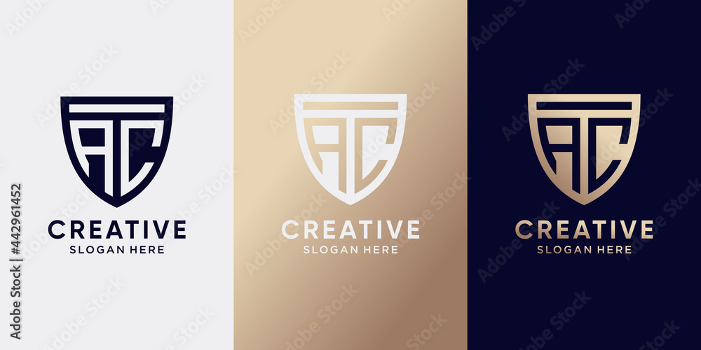 Symbol of shield logo design with initial letter AC and creative concept. Monogram logo for business company and personal Symbol of shield logo design with initial letter AC and creative concept. Monogram logo for business company and personal