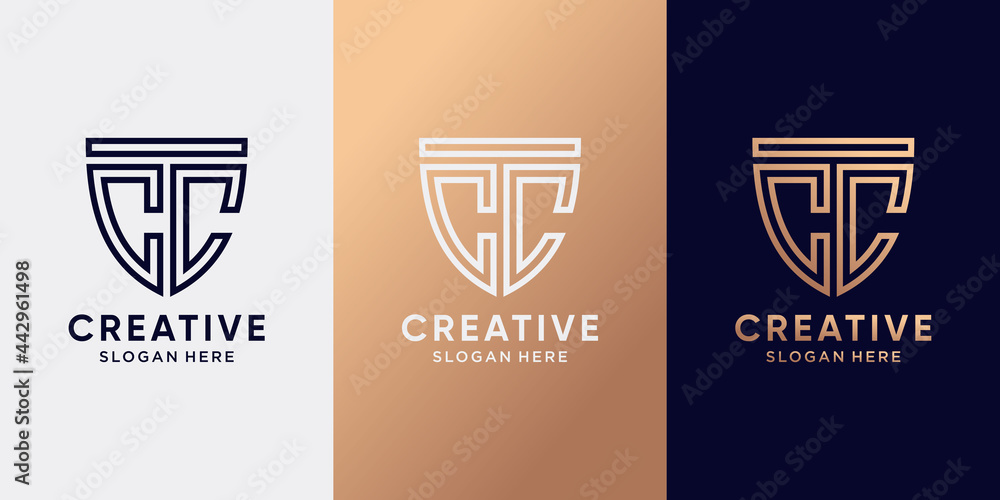 Creative shield logo design initial letter CC with line art style. Monogram logo for business company and personal Creative shield logo design initial letter CC with line art style. Monogram logo for business company and personal