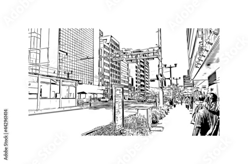 Building view with landmark of Hiroshima is the 
city in Japan. Hand drawn sketch illustration in vector. 