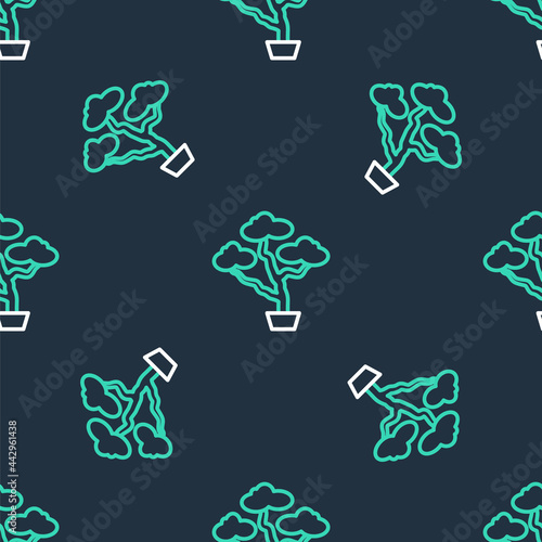 Line Japanese bonsai tree icon isolated seamless pattern on black background. Japanese culture, horticulture, olericulture hobby concept. Vector