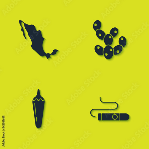 Set Map of mexican, Cigar, Hot chili pepper pod and Cactus icon. Vector