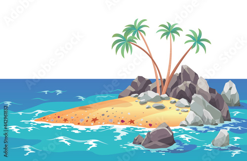 Pirate ocean island in cartoon style. Palm trees on uninhabited sea island. Tropical landscape with sandy beach and tropical nature
