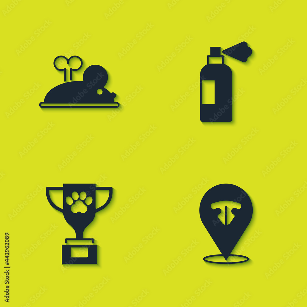 Set Clockwork mouse, Cat nose, Pet award and shampoo icon. Vector Set Clockwork mouse, Cat nose, Pet award and shampoo icon. Vector
