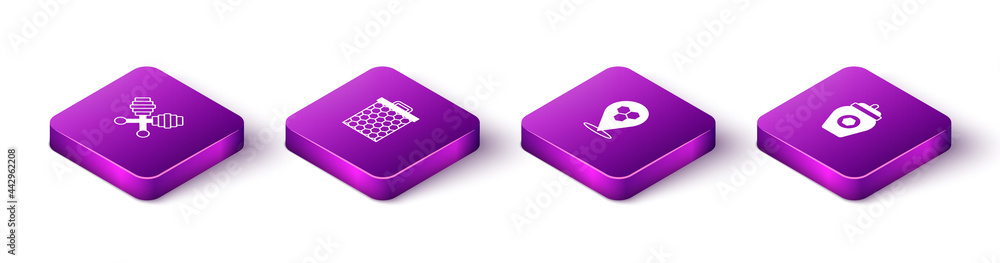 Set Isometric Honey dipper stick, Honeycomb, bee location and Jar of honey icon. Vector Set Isometric Honey dipper stick, Honeycomb, bee location and Jar of honey icon. Vector