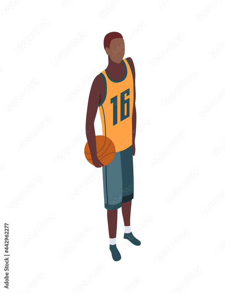 People in park isometric. Man ready to play basketball. Active living recreation activities. Spending free time usefully. Vector character isolated on white