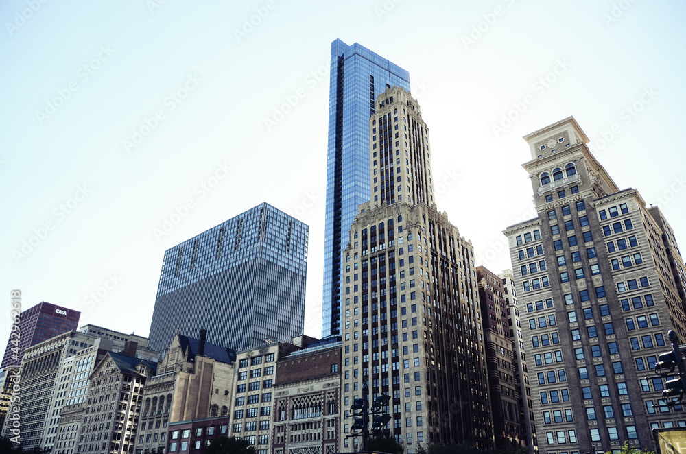 USA, CHICAGO: Scenic cityscape view with skyscrapers