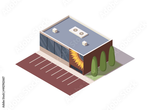 Isometric supermarket or grocery store building. Vector isometric icon or infographic element representing mall building with parking lot. 3D shop market for city infrastructure