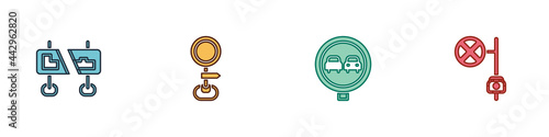 Set Road traffic sign, , No overtaking road and Stop with camera icon. Vector