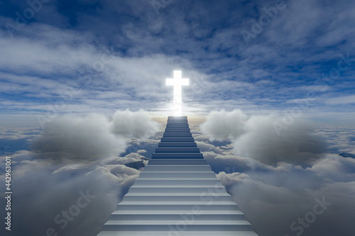 Fototapet Stairway Leading Up To Heavenly Sky Toward The Cross of Light