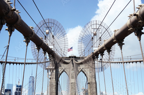 USA, NEW YORK: Scenic cityscape view on the Brooklyn Bridge 