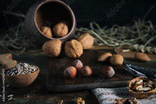 Nuts and seeds on a wooden table
