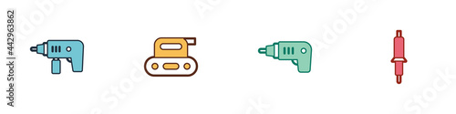 Set Electric drill machine, planer tool, cordless screwdriver and Soldering iron icon. Vector